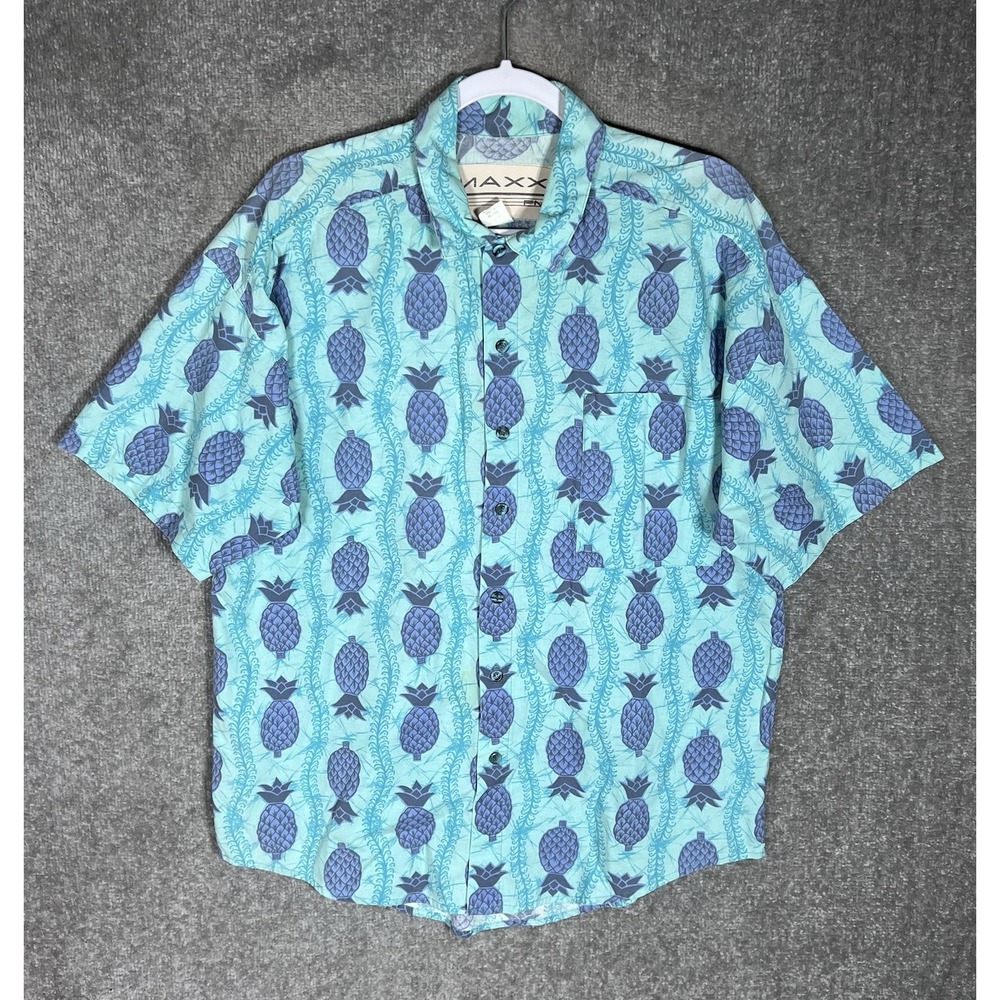 MAXX Short Sleeve‎ Button Up Shirt Mens Sz Medium Blue Purple Pineapple USA Made